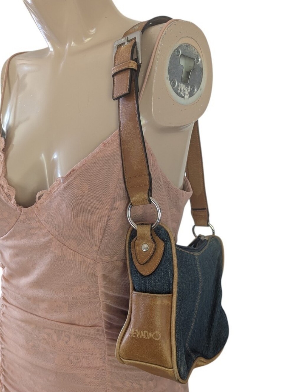 Nevada Y2k Denim and Brown Leather Trim Shoulder